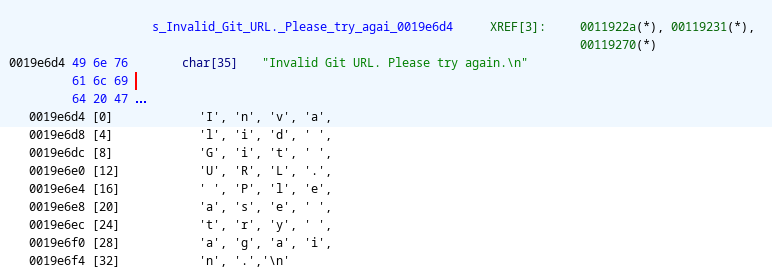 The string 'Invalid Git URL. Please try again.\n' as shown in Ghidra's listing view